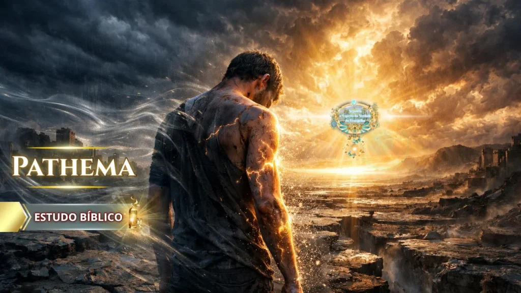 Ilustração bíblica de um homem em meio às aflições olhando para a luz divina no horizonte, representando o sofrimento presente (pathema) e a esperança da glória futura Segundo o Espírito da Verdade do Evangelho.