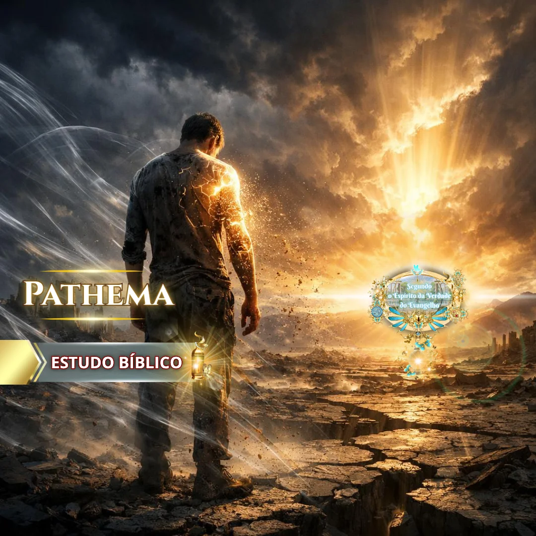 Ilustração bíblica de um homem em meio às aflições olhando para a luz divina no horizonte, representando o sofrimento presente (pathema) e a esperança da glória futura Segundo o Espírito da Verdade do Evangelho.