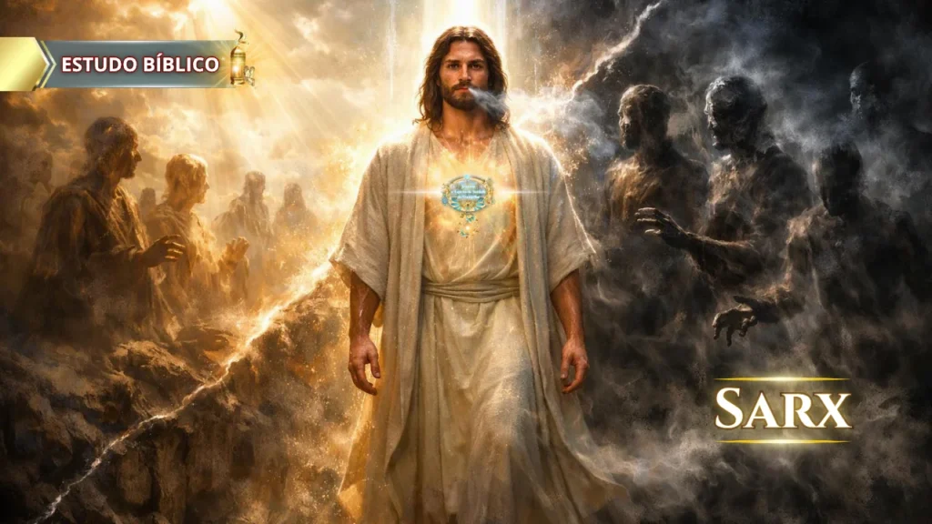 Ilustração bíblica de Jesus Cristo em glória separando a luz da verdade da escuridão espiritual, representando o ensino de que Ele veio em carne (sarx) e o discernimento entre o Espírito de Deus e o espírito do anticristo.