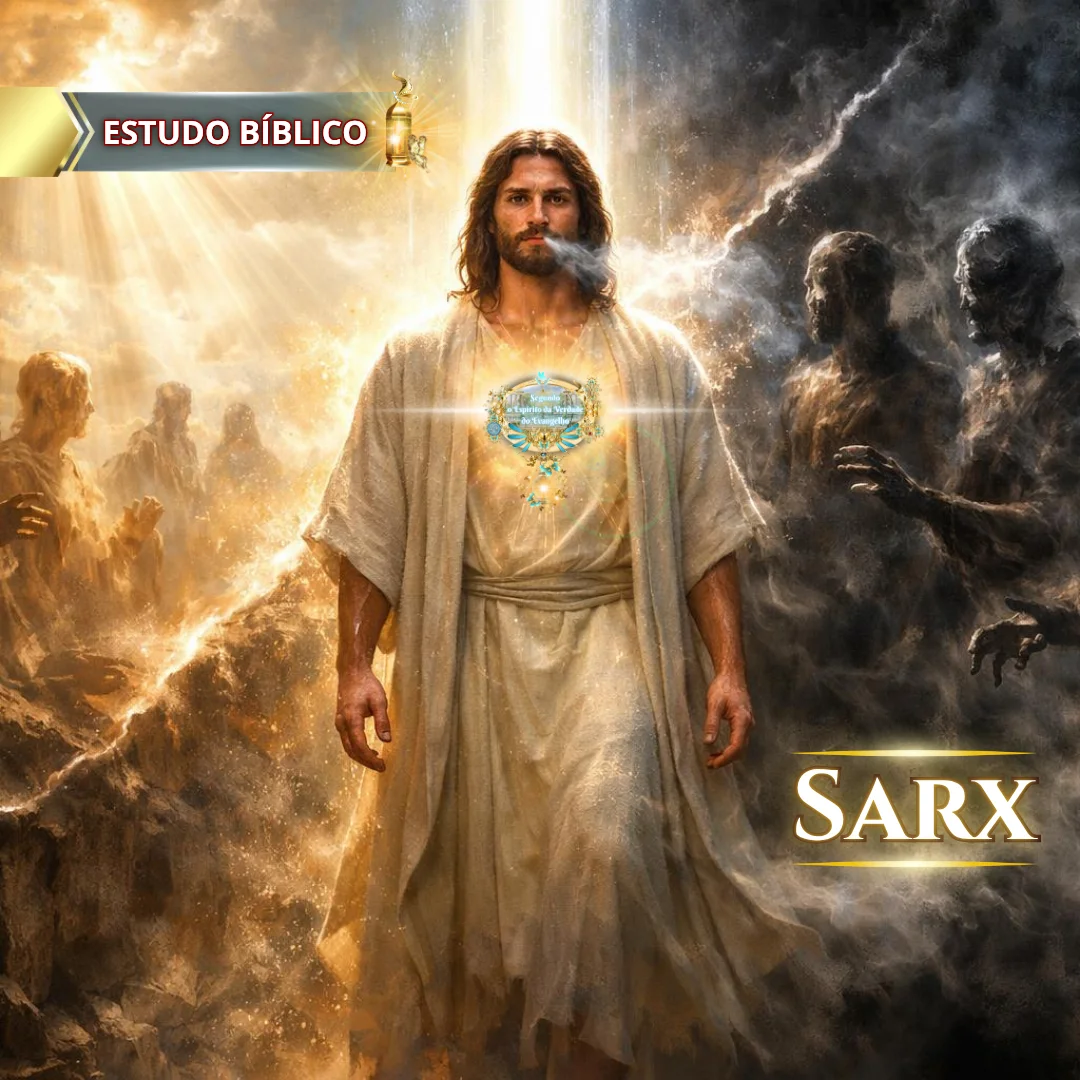 Ilustração bíblica de Jesus Cristo em glória separando a luz da verdade da escuridão espiritual, representando o ensino de que Ele veio em carne (sarx) e o discernimento entre o Espírito de Deus e o espírito do anticristo.