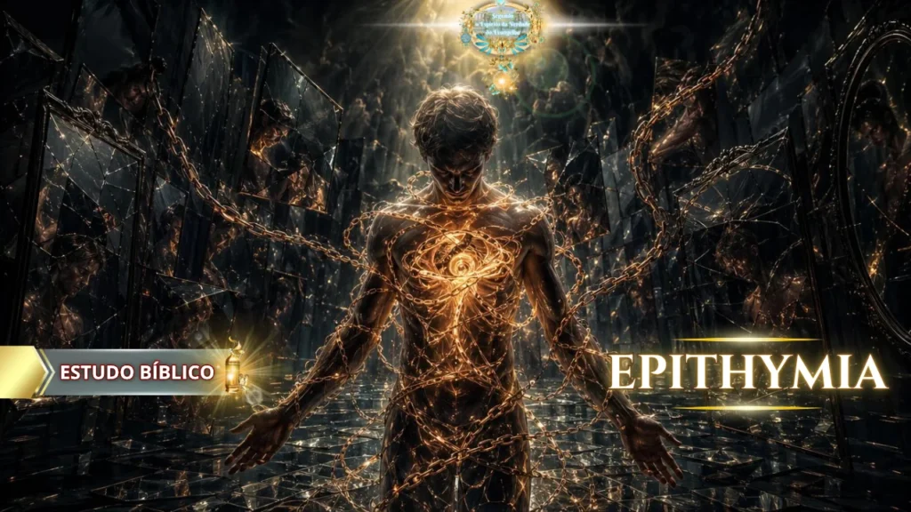 Homem preso por correntes espirituais em ambiente escuro com espelhos quebrados, representando Epithymia na Bíblia, os desejos da carne e a escravidão do pecado em estudo bíblico cristão