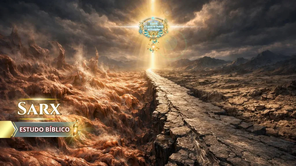 Ilustração bíblica de um caminho estreito entre a carne (sarx) e a vida espiritual, simbolizando como vencer a carne através da mente de Cristo e da transformação espiritual.