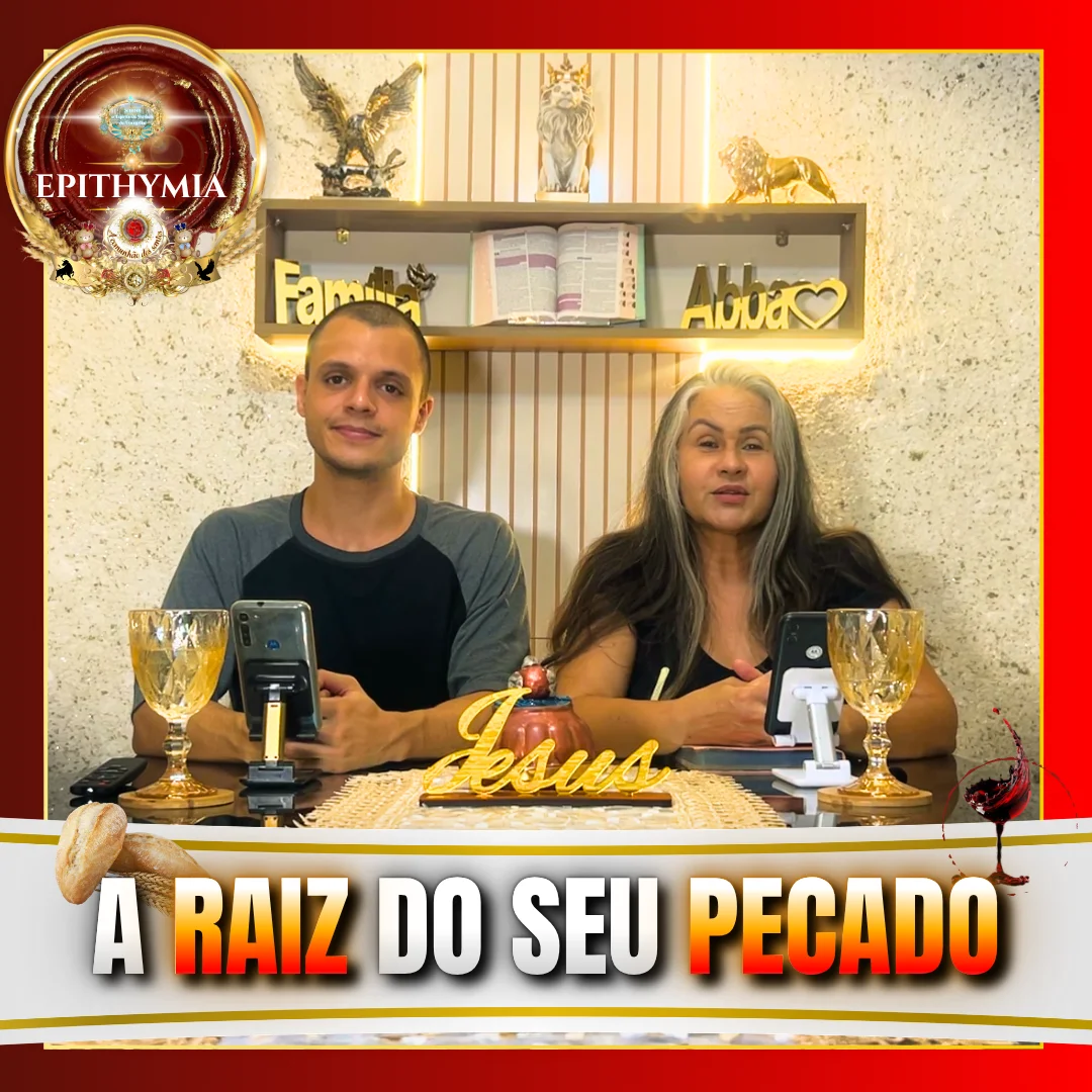 Pastora Sandra Ribeiro e o irmão Vinícius ministrando um estudo bíblico sobre “A Raiz do Seu Pecado”, baseado em Efésios 4, na Deus e Nós Igreja Online, abordando desejos da carne, transformação espiritual, arrependimento e libertação em Cristo Jesus.