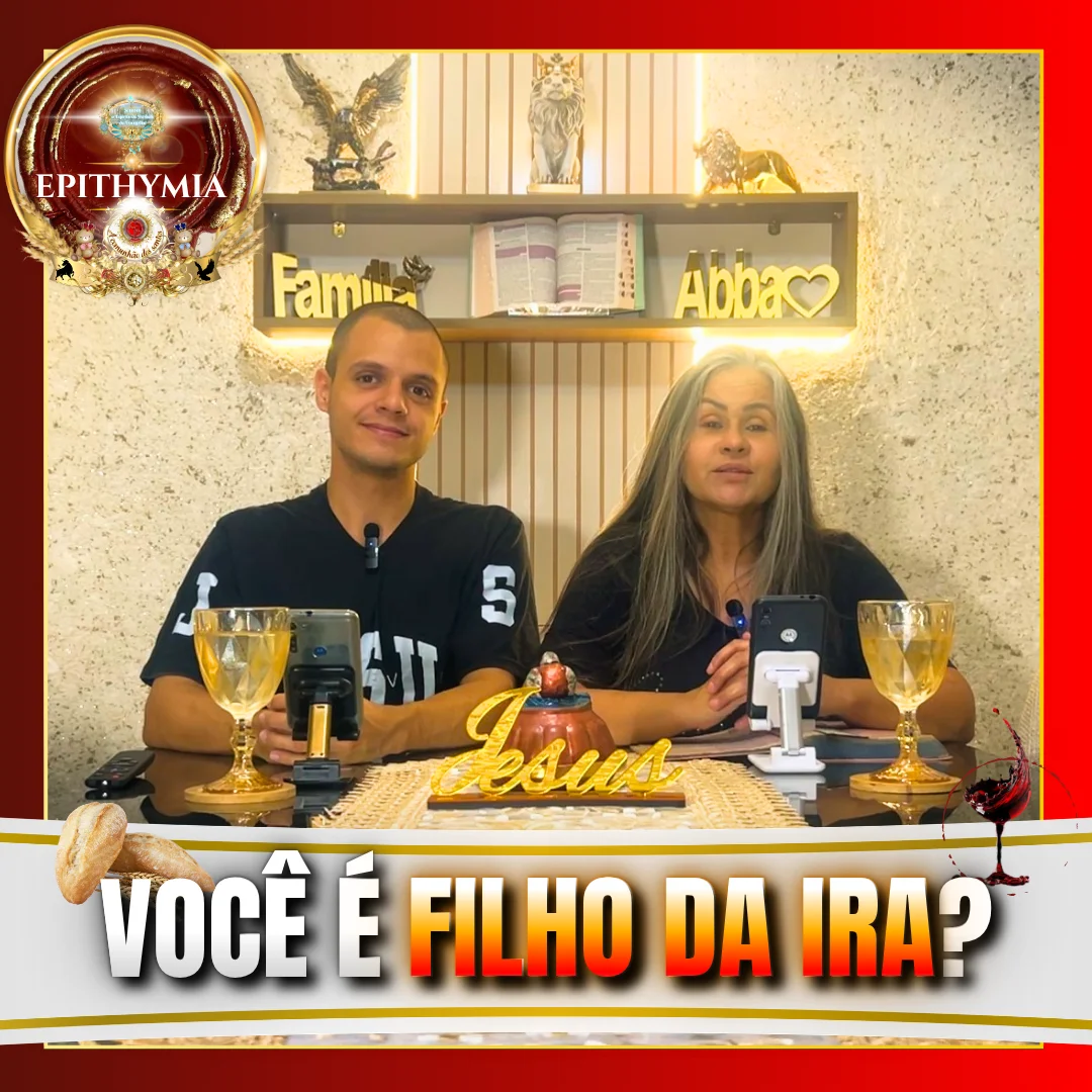 Pastora Sandra Ribeiro e irmão Vinícius em estudo bíblico sobre “filhos da ira”, Epithymia e natureza pecaminosa, com pão e vinho da Ceia do Senhor Jesus.
